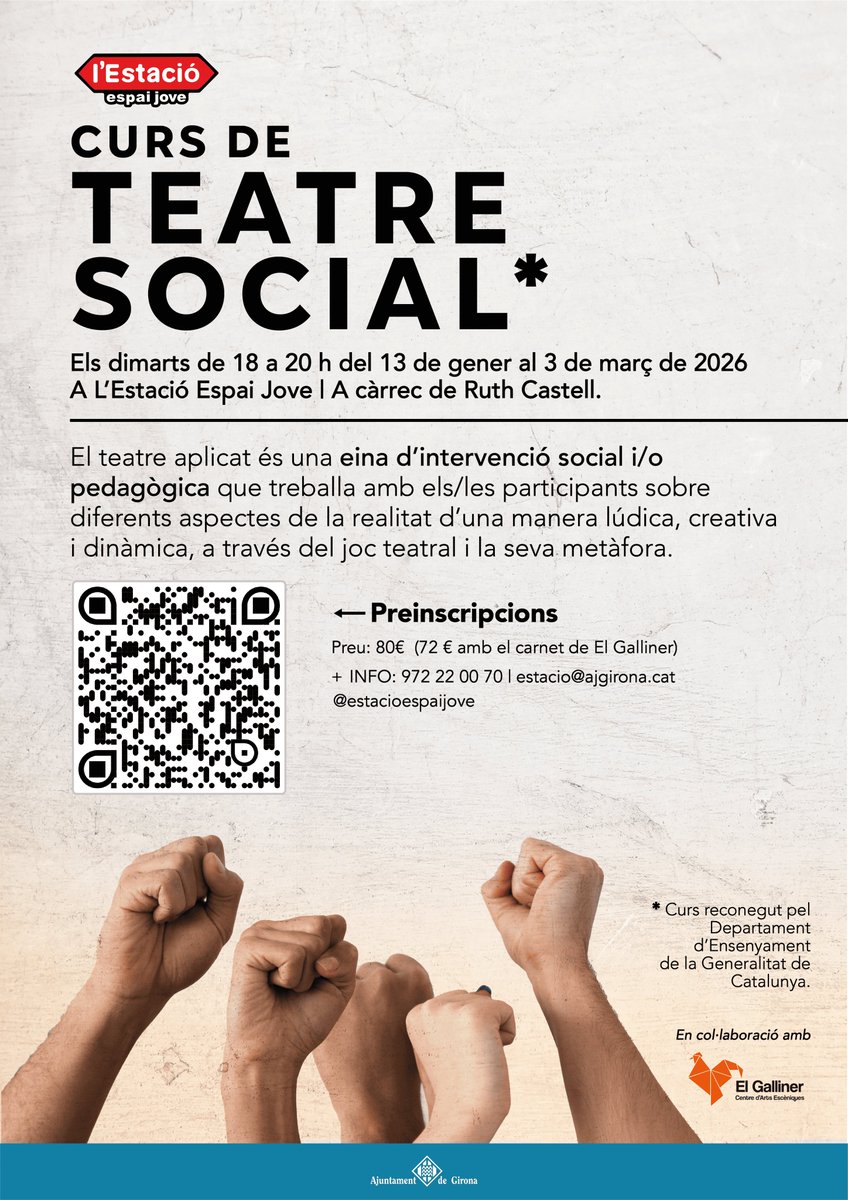 T'agradaria iniciar-te en el món del teatre social? 

Curs organitzat en col·laboració amb <a href="/GallinerTeatre/">Centre d'Arts Escèniques El Galliner</a>  adreçat a professors/es, educadors/es socials, formadors/es en el lleure i professors/es de teatre, principalment.

+ INFO i preinscripcions:
girona.cat/agenda/cat/age…