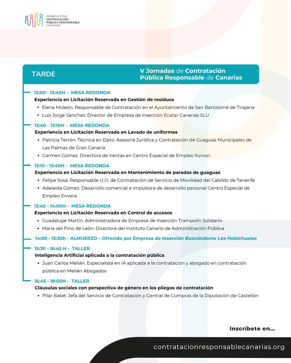 📢 Conoce el programa de las V Jornadas de Contratación Pública Responsable de Canarias, que celebramos el próximo 12 de noviembre en Las Palmas de Gran Canaria.

👉 ¡Inscríbete ya! contratacionresponsablecanarias.org/v-jornadas-de-…

<a href="/redAnagos/">Red Anagos</a> <a href="/AdeicanCanarias/">Adeican Canarias</a> <a href="/EAPN_Canarias/">EAPN Canarias</a>