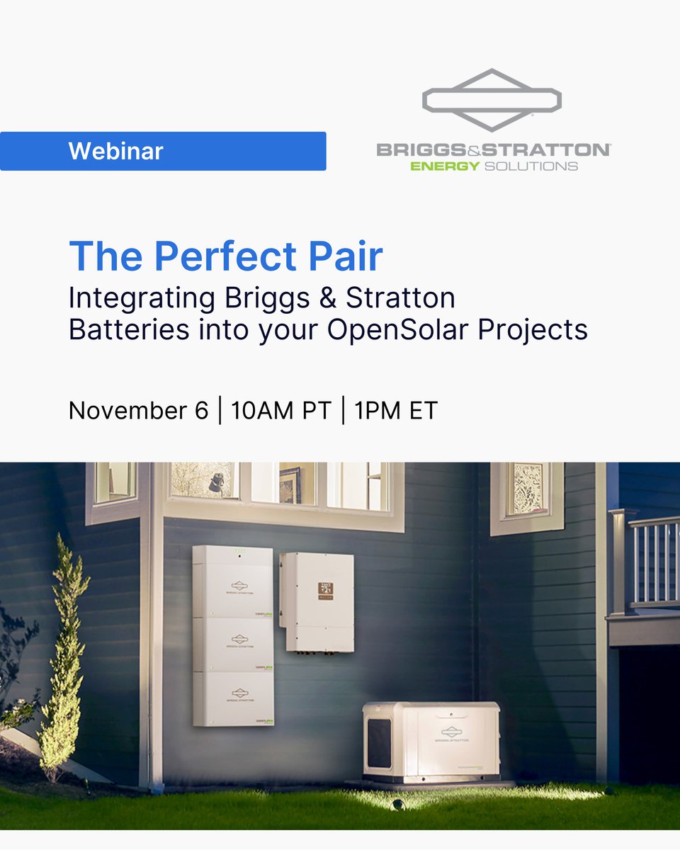 🇺🇸 Solar is changing, fast.

Join OpenSolar x Briggs &amp; Stratton for a live session on how pairing solar with storage can strengthen your value proposition.

📅 November 6, 2025 | 10 AM PDT | 1PM EDT
🔗 Register today: bit.ly/49EK1BM

#BriggsStratton #Webinar