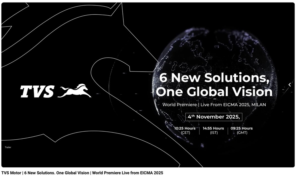 rushlane's tweet image. TVS Motor is going global 🌍⚡

6 new mobility solutions. 1 bold vision for the future.

Watch the  World Premiere Live from EICMA 2025, Milan — as TVS unveils innovations that define an exciting, responsible &amp;amp; sustainable tomorrow. 🏍️✨

#TVSMotor #EICMA2025