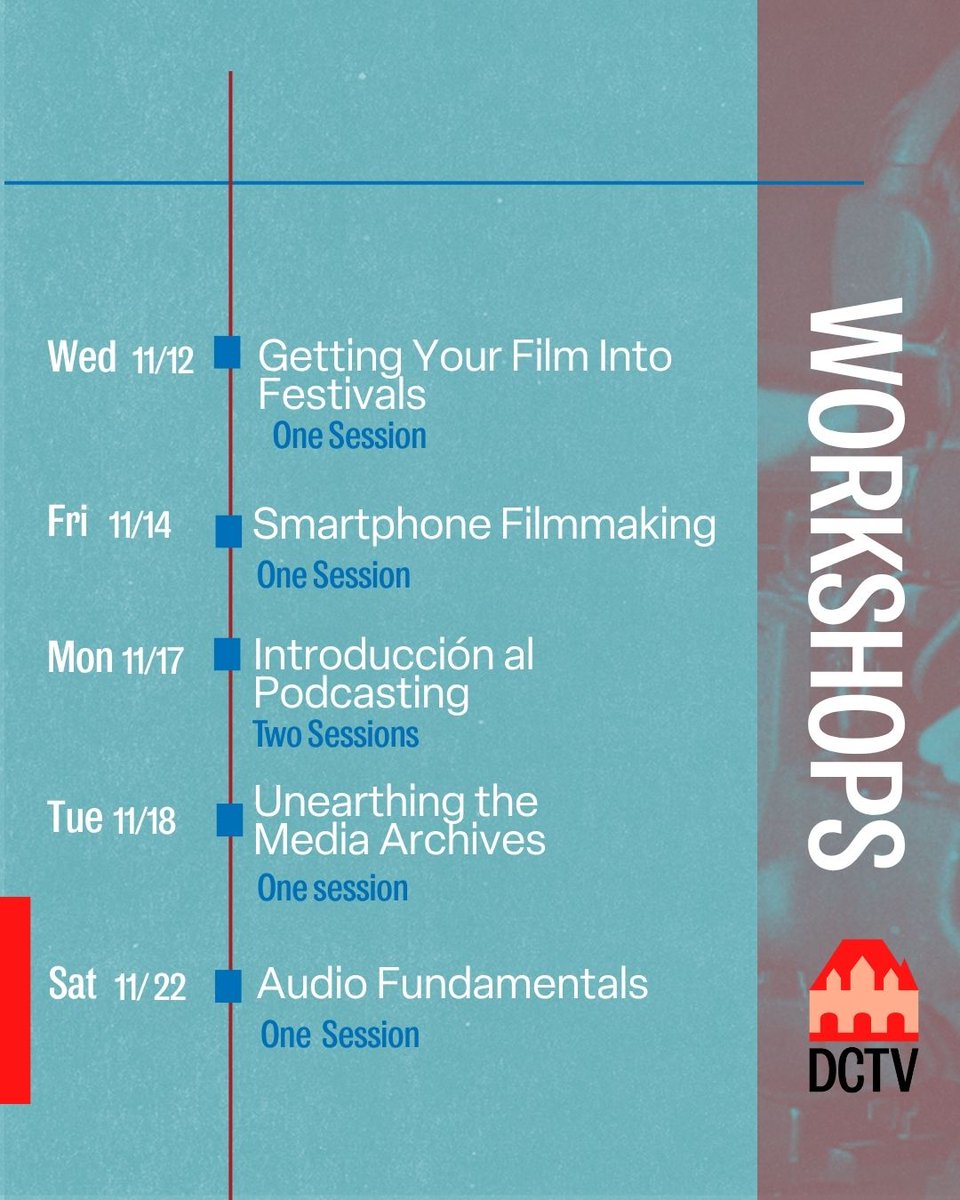 DCTVny's tweet image. Workshops kicking off in November at DCTV 📽️
Smartphone filmmaking, fair use, and media archives are all on deck — part of 30+ Fall/Winter courses.
See what’s on + what’s next: dctvny.org/s/dctv-calenda… #LearnDocumentary #DCTVNY