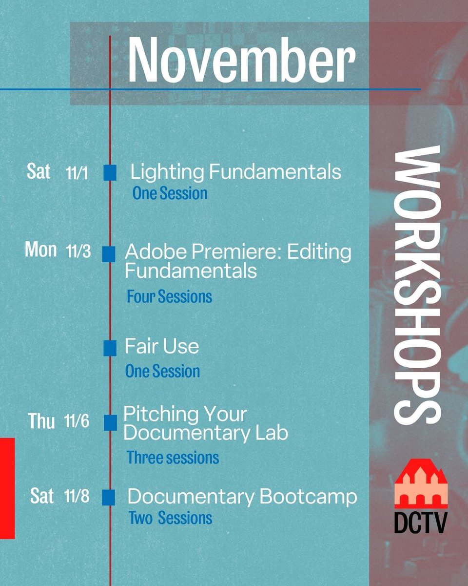 DCTVny's tweet image. Workshops kicking off in November at DCTV 📽️
Smartphone filmmaking, fair use, and media archives are all on deck — part of 30+ Fall/Winter courses.
See what’s on + what’s next: dctvny.org/s/dctv-calenda… #LearnDocumentary #DCTVNY