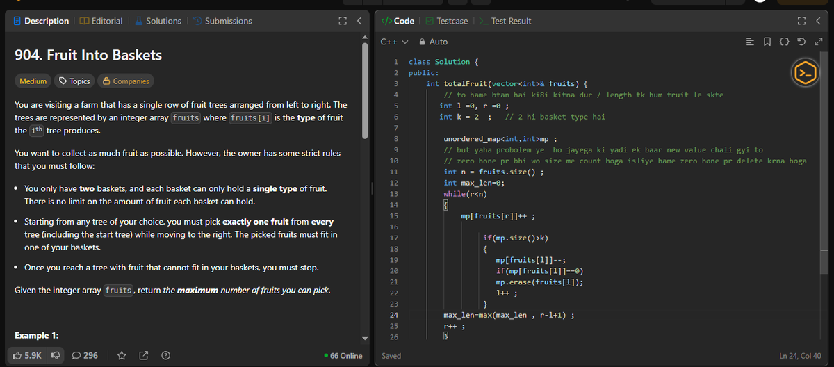 JAI_KUMAR_007's tweet image. 🥇 Solved Fruit Into Baskets using Sliding Window 🍉

⏱ O(n) | 💾 O(1–2)
#SlidingWindow #LeetCode #TwoPointers #DSA #Coding