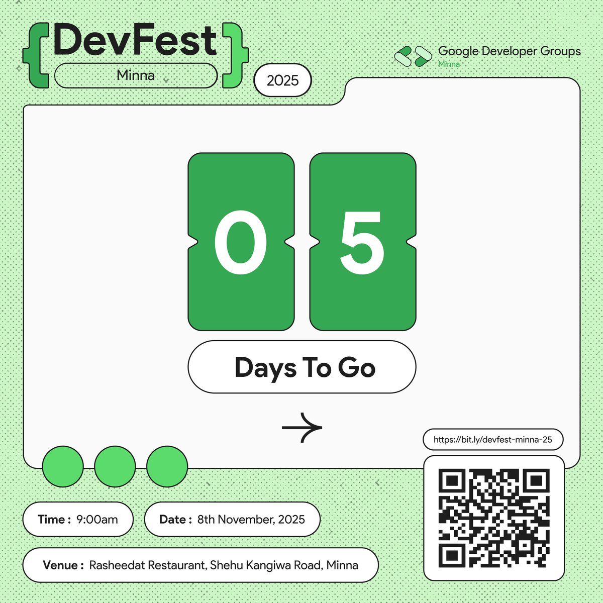 🤝 DAY 5 – Ready to Network?

Only 5 days to #DevFestMinna2025! ⚡
It’s more than learning — it’s about connections &amp; inspiration 💬✨
Tag who you can’t wait to meet! 👇

📅 Nov 8 | 📍 Rasheedat Restaurant, Minna
👉 bit.ly/devfest-minna-…