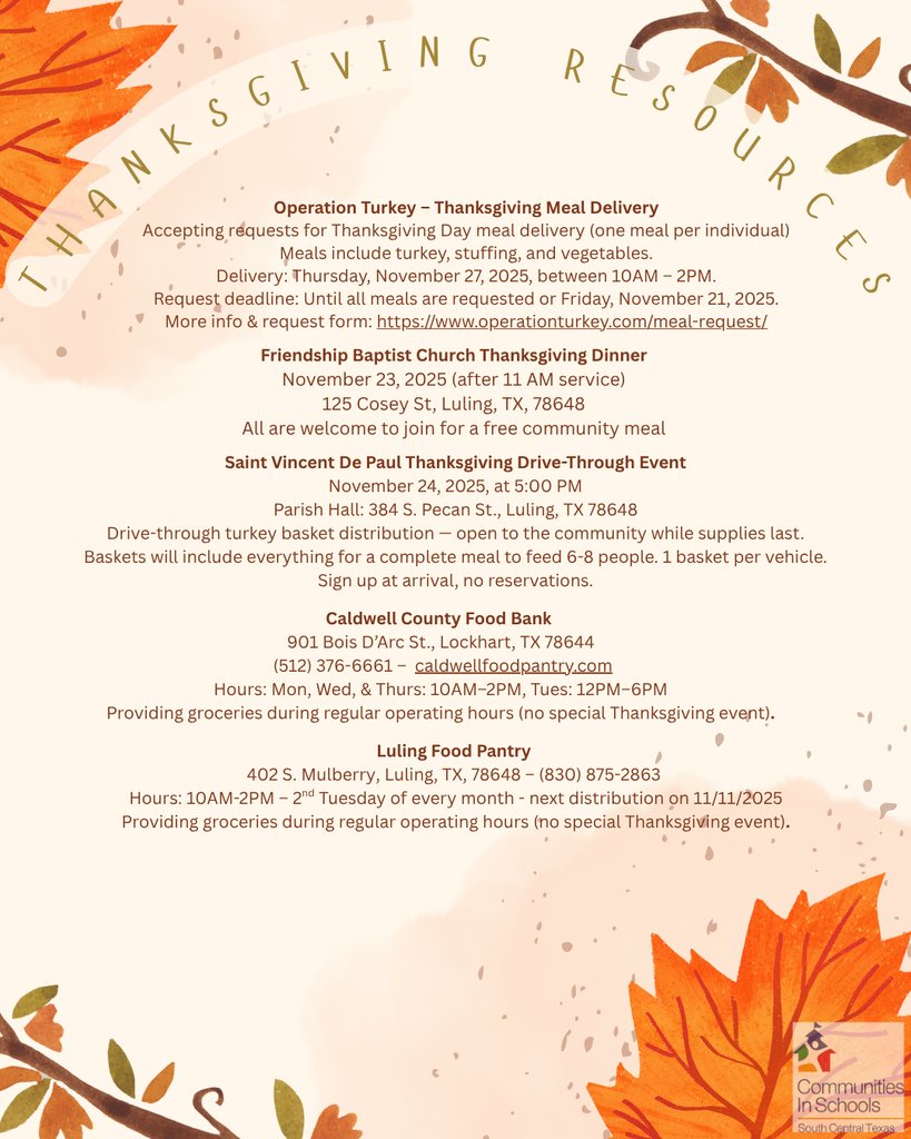 LulingISD's tweet image. We know the holidays can bring extra challenges, and we want to help connect our families with local support.
Please take a look at the information below and share with anyone who could benefit — no one in our community should go without a meal. 💚
