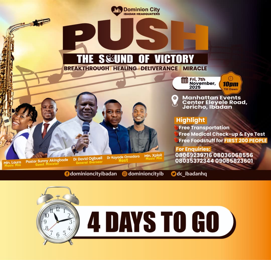 dc_ibadanHq's tweet photo. We're just 4️⃣ days away from PUSH: THE SOUND OF VICTORY this Friday! 🔥

Get ready to be empowered, inspired, and transformed as we push into the presence of God and experience the sound of VICTORY! 🎉

#PUSH #SOUNDOFVICTORY #DomimoncityIbadanHQ #Ibadan https://t.co/yOZXmqL4RF