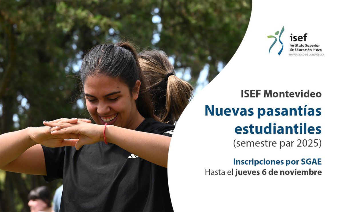 📌 Nuevas pasantías estudiantiles – Semestre Par 2025 (ISEF Montevideo)

Más información 👉 isef.udelar.edu.uy/noticias/nueva…