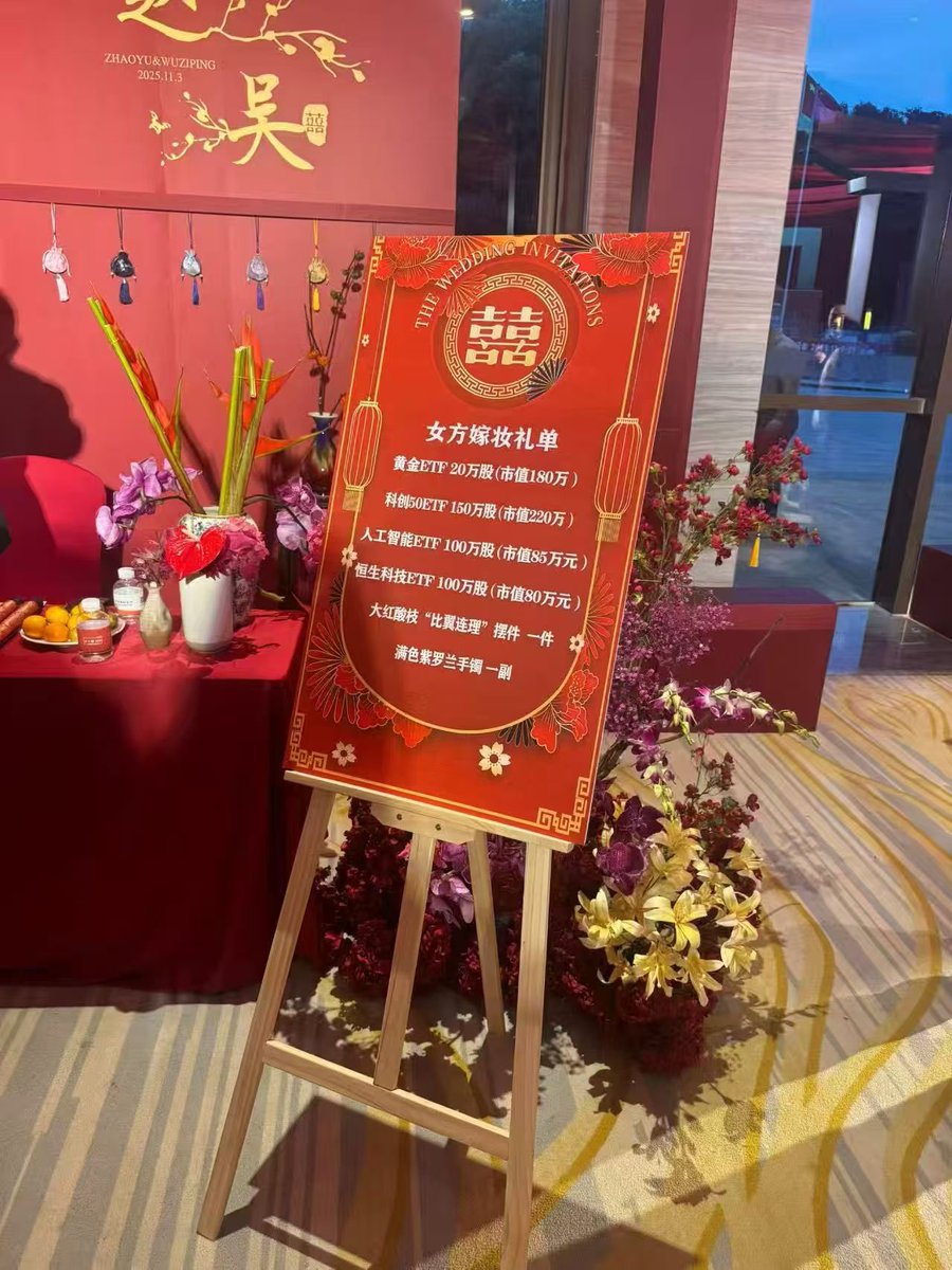囍女方嫁妆礼单： 黄金ETF 20万股(市值180万) 科创50ETF 150万股(市值220万) 人工智能ETF 100万股(市值85万元) 恒生科技 ETF 100万股(市值80万元） 大红酸枝“比翼连理”摆件