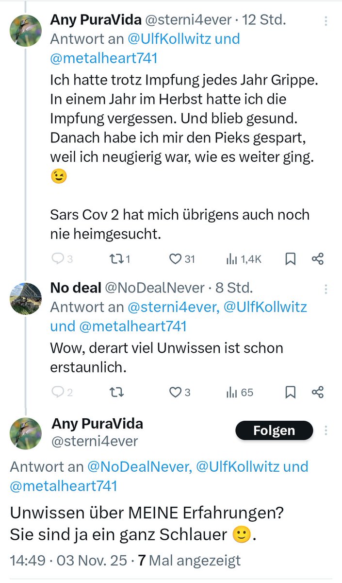 Was genau soll denn "Doc" bedeuten, <a href="/sterni4ever/">Any PuraVida</a> ?
Wir sind in der Medizin lange über bloße "Erfahrungsmedizin" hinweg.

Und ja, die Unfähigkeit, Ihre Beobachtungen einzuordnen und diese nur rauszuhauen wie jeder andere, der nachplappert, zeigt Unwissen.
(Reply hier wegen Block)