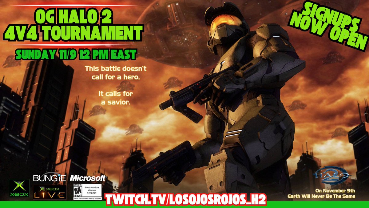 I'm hosting an OG #Halo tournament on Halo 2's 21st birthday! Follow me on Twitch and get notified when the draft goes live on Sunday, 11/9 at 12 PM east. #TheFightIsNeverFinished
twitch.tv/losojosrojos_h2