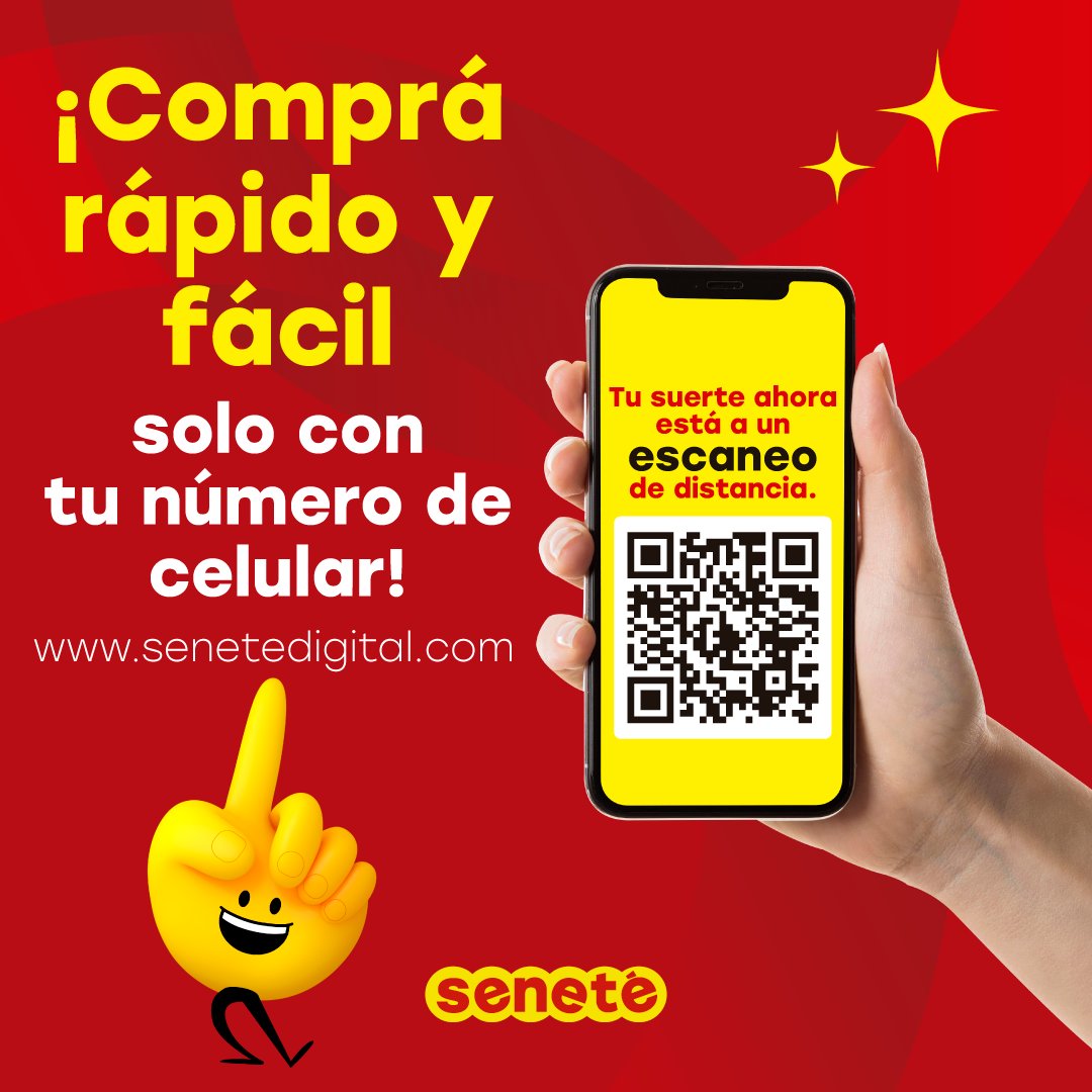 Senetepy's tweet photo. 🎯 ¡Ahora comprá más rápido y fácil!

🥳 Llegó Seneté Digital, donde solo necesitás tu número de celular para comprar y jugar.

📱Elegí tu cartón, escaneá el código QR y listo.

✨ Tu suerte, más simple que nunca. https://t.co/ToT5WuNcoH