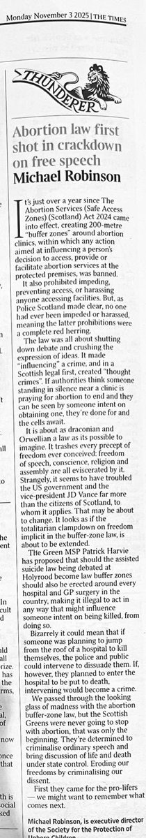 Me in <a href="/thetimes/">The Times and The Sunday Times</a> ⬇️

Green MSP Patrick, 
Harvey's amendment to introduce "safe access zones" around places carrying out assisted suicides - effectively banning suicide prevention - is shocking, but can we really be surprised? 

Once they banned free speech for pro-lifers outside
