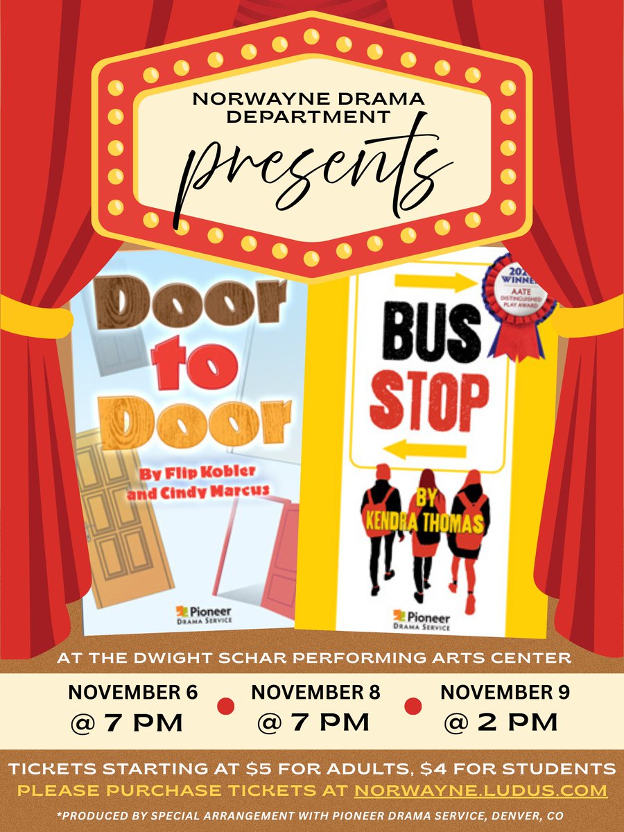 NorwayneLocal's tweet image. 🎭 The Norwayne Drama Dept. presents the **2025 Fall One Acts** — *“Door to Door”* &amp;amp; *“Bus Stop”*!

📅 Nov 6 &amp;amp; 8 @ 7PM | Nov 9 @ 2PM
📍 Dwight Schar Performing Arts Center
🎟️ Tickets: norwayne.ludus.com

Come support our talented cast &amp;amp; crew! 🌟 #NorwayneDrama #OneActs2025