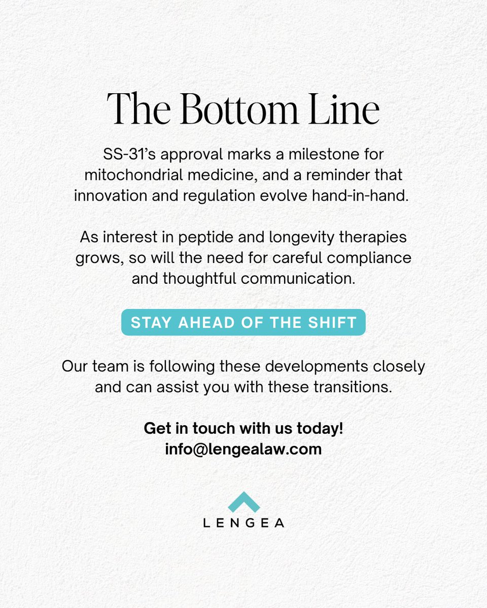 The FDA just approved SS-31 (Elamipretide)
A breakthrough for mitochondrial medicine — and a sign of tighter oversight for peptides and longevity treatments.

🔗 Read what this means for your practice: lengealaw.com/the-fda-just-a…