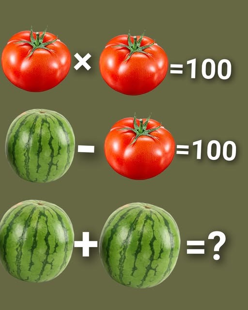 Mijan2k3's tweet image. Can you solve this tricky fruit puzzle? 🍅🍉
If tomato × tomato = 100
and watermelon – tomato = 100
then watermelon + watermelon = ❓🤔

Drop your answers below! ⬇
#BrainTeaser #MathPuzzle