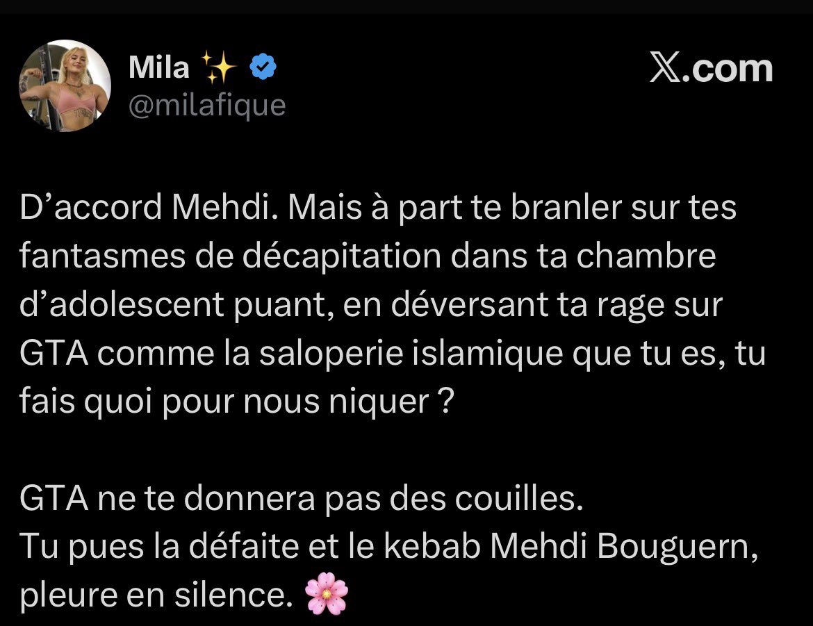 Harceleuse + il en pense quoi le cadavre dont les vers grignotent le peu de chair qu’il reste de ton racelard d’ex en te voyant avec un refoulé qui escalade des mairies la nuit tombée ? + t’es pas loyale envers tes gars comment tu veux l’être envers la France ?

GTA 6. 2026.