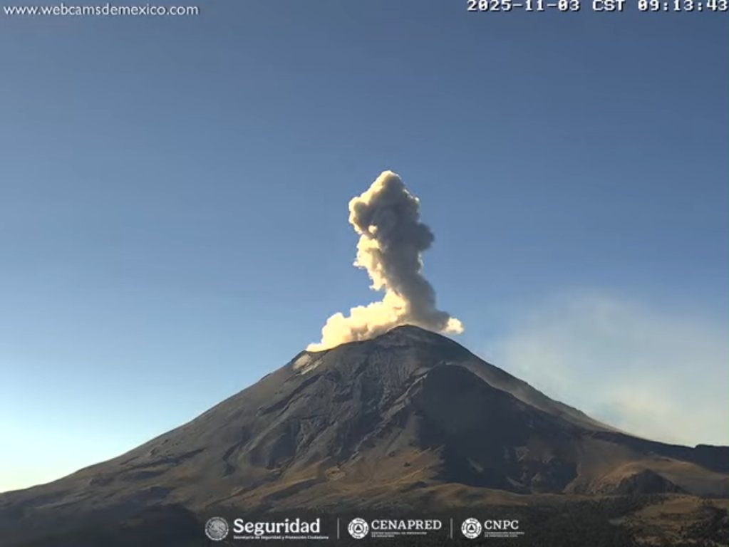 Actividad del #Volcán #Popocatépetl a las 09:11 h.

Vistas:
#Tianguismanalco:
youtube.com/watch?v=e9acFK…

#Tlamacas:
youtube.com/watch?v=5lZ7VM…

#Altzomoni.
youtube.com/watch?v=rayKu7…

🚦 Alerta Volcánica: #AmarilloFase2.
Radio de exclusión: 12 km. 🚷
Vía: #CENAPRED <a href="/CNPC_MX/">Coordinación Nacional de Protección Civil</a>.