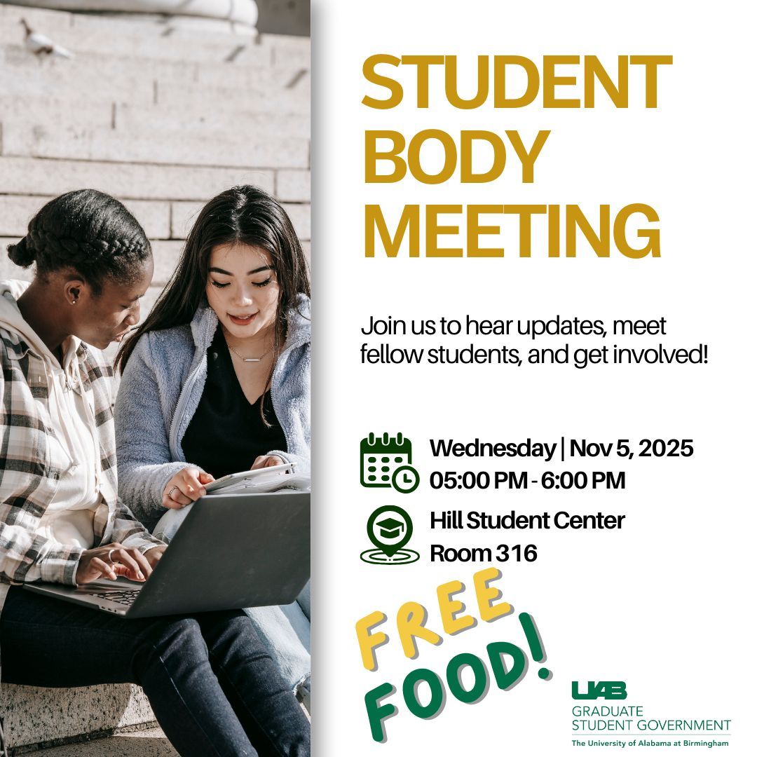 uab_gsg's tweet image. Your voice matters! 💚 Join us this Wednesday for the Graduate Student Government Student Body Meeting at 5 PM in Hill Student Center Room 316.
Let’s shape our grad experience together — and yes, there’s free food! 🍕

#UABGradLife #UABCommunity #FreeFood
