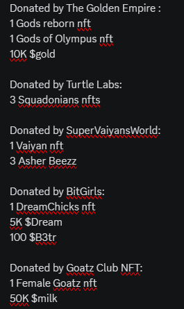 First projects donations for our BIG raffle prize are in🔥🔥🔥 A VERY BIG THANKS TO <a href="/NFTGoldenEmpire/">The Golden Empire ✨️</a> <a href="/TurtleLabsV/">TurtleLabs.vet 🐢</a> <a href="/VaiyansWorld/">Vaiyans World</a> <a href="/GoatzNFT_/">Goatz Club NFT</a> for the amazing prizes. #vechainhasnfts $Gold $squad $milk $veni $dream