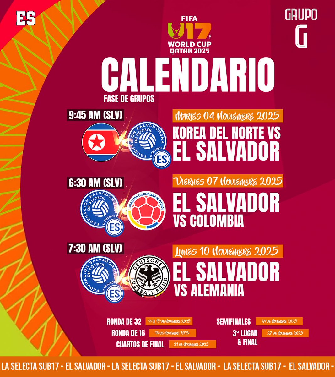 🌎🔥 ¡El sueño mundialista comienza! 🇸🇻💙

La Selección Sub-17 de El Salvador ya tiene definido su camino rumbo a la Copa Mundial de la FIFA Catar 2025. 🇶🇦⚽

Cada fecha, cada rival y cada minuto serán una nueva oportunidad para escribir historia con el corazón, la garra y el