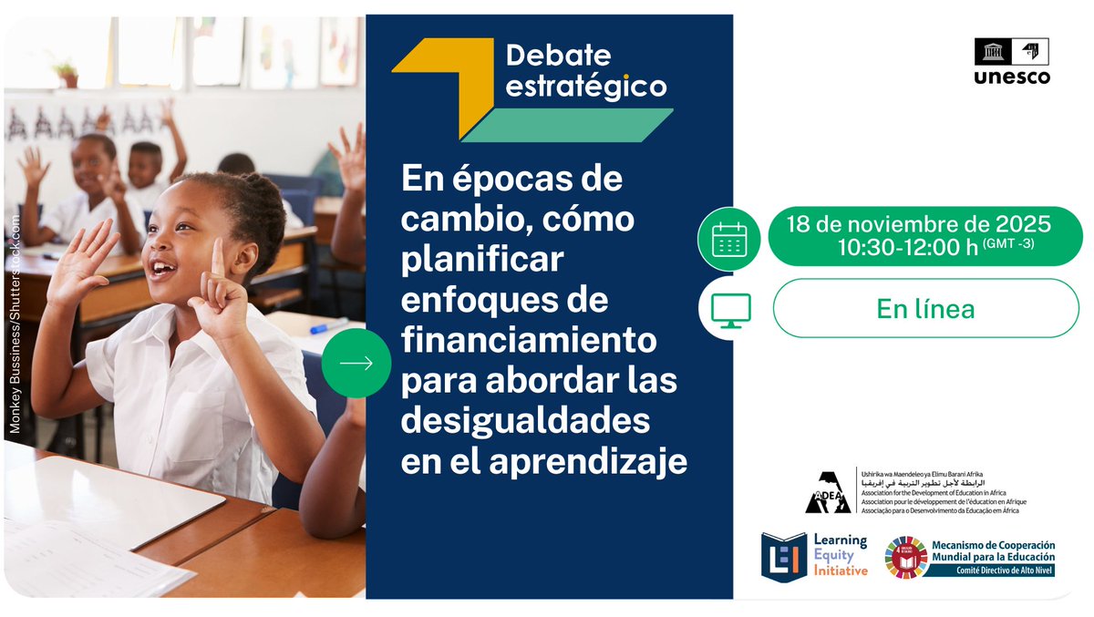 ¡Nuevo #StrategicDebate 4 del <a href="/IIEP_UNESCO/">IIEP-UNESCO</a> sobre enfoques de financiamiento para abordar las desigualdades en el aprendizaje!

🗓️ 18 de noviembre
🔗 my.iiep.unesco.org/es/2025-debate…

🤝 En colaboración con <a href="/ADEAnet/">ADEA</a>, la Iniciativa para la Equidad en el Aprendizaje y <a href="/Education2030UN/">Education 2030</a>