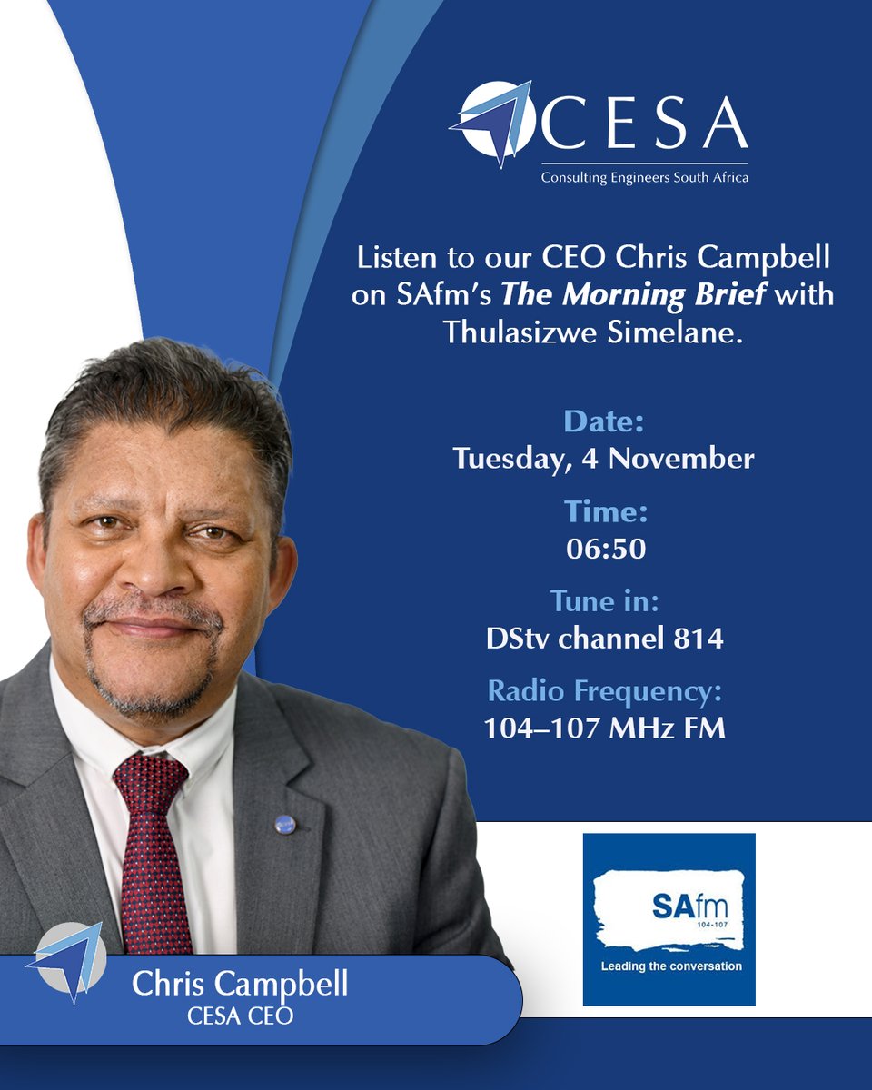 The_CESA's tweet image. Join our CEO Chris Campbell live on SAfm&apos;s ‘The Morning Brief’ with Thulasizwe Simelane tomorrow! Chris will share his insights on how we can build safer, more reliable #TransportSystems &amp;amp; leverage #EngineeringKnowledge to change the narrative on SA’s #TransportInfrastructure.
