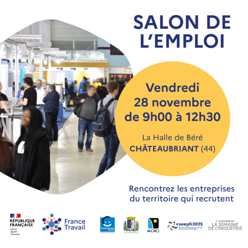 🛠️Forum de l'#emploi  Tous Secteurs à Châteaubriant 🛠️

📅 Date : Vendredi 28 novembre 2025
📍   Lieu : Halle de Béré, Châteaubriant
⏰ Heure : De 9h00 à 12h00

mesevenementsemploi.francetravail.fr/mes-evenements…

Rejoignez-nous pour le Salon de l’Emploi Tous Secteurs organisé par France Travail