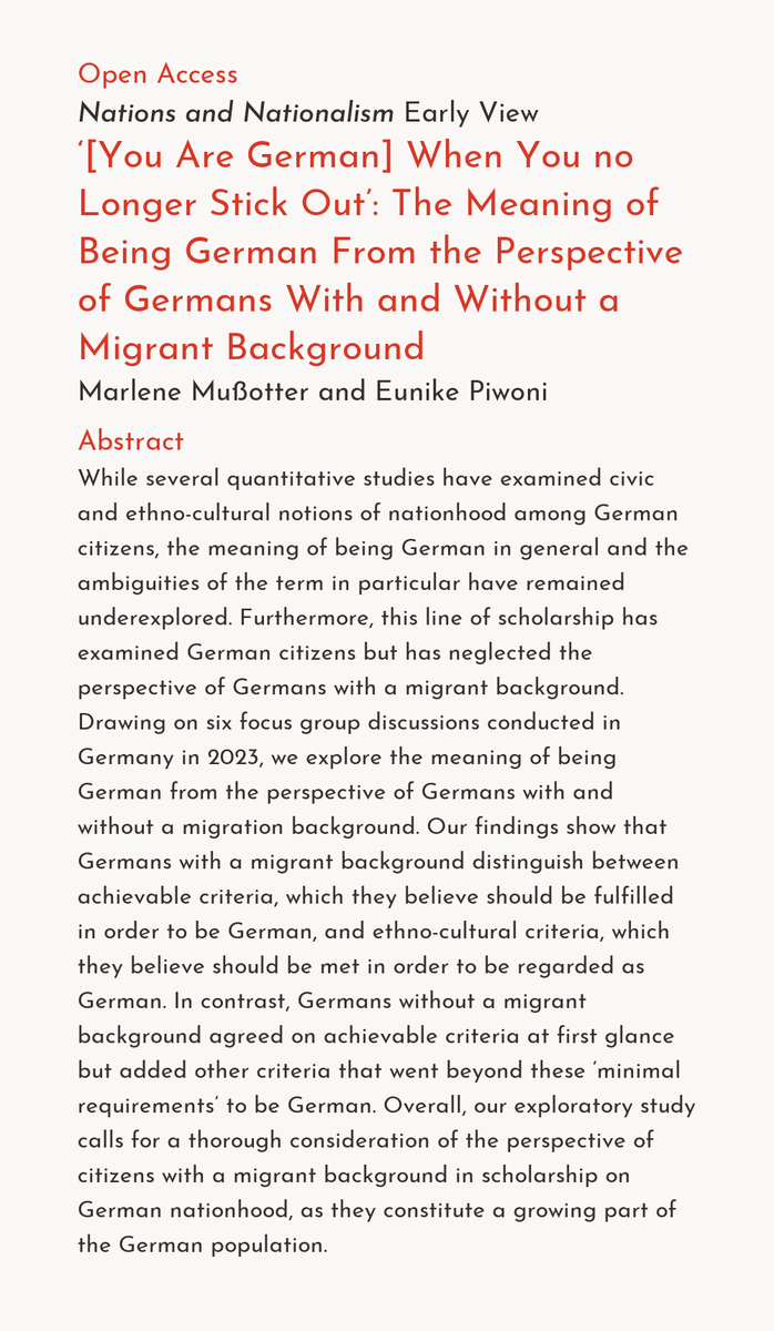 asenevents's tweet image. &quot; ‘[You Are German] When You no Longer Stick Out’: The Meaning of Being German From the Perspective of Germans With and Without a Migrant Background&quot; by Marlene Mußotter and Eunike Piwoni is our next #earlyview #openaccess article at onlinelibrary.wiley.com/doi/10.1111/na…