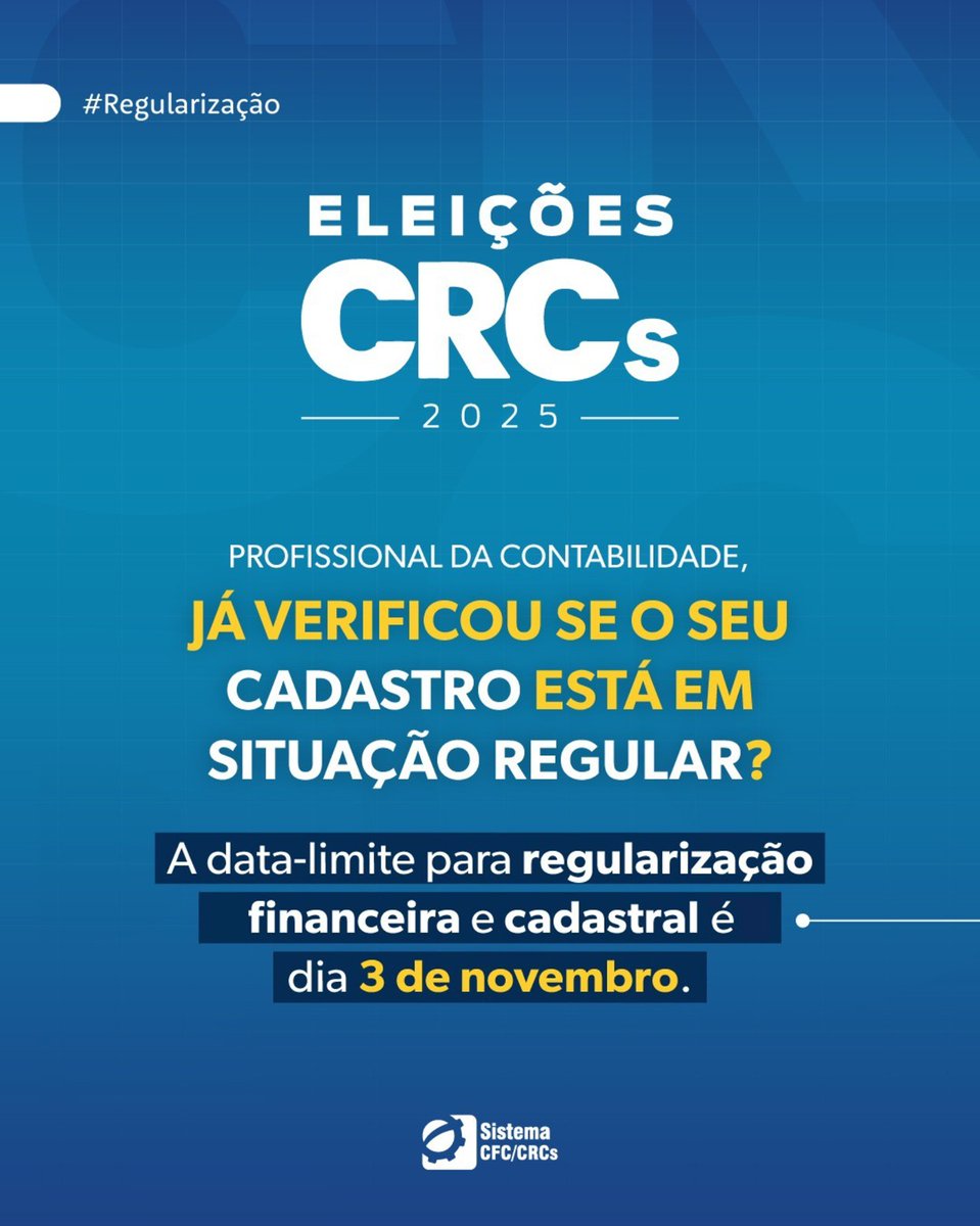 CRCSCOFICIAL's tweet image. Profissional da contabilidade, fique atento. O prazo para regularização financeira e cadastral, para estar apto a votar nas Eleições dos CRCs 2025, termina hoje, 3 de novembro.

✅ Mais informações no WhatsApp (48) 3027.7001