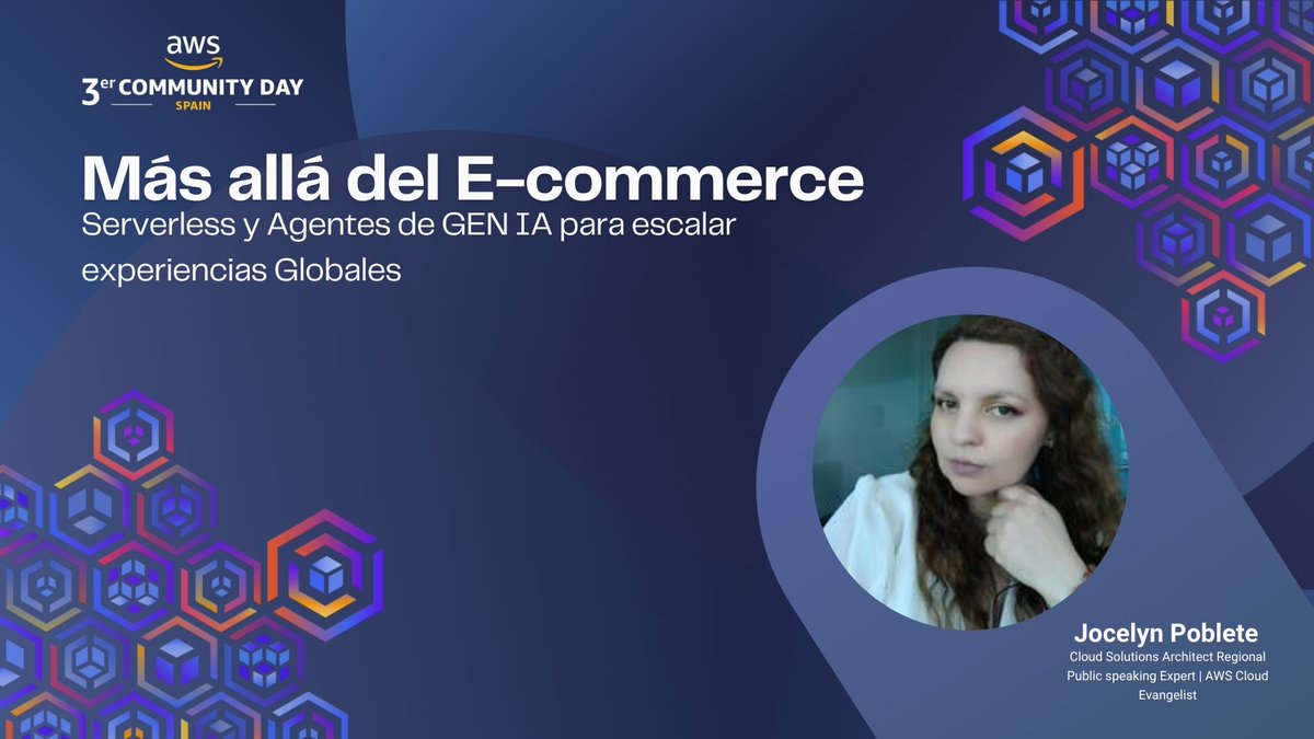 ¡Seguimos con el lineup del #AWSCommunityDay Spain 2025! 🙌
Arrancamos con Jocelyn Poblete y su charla:
 “Más allá del E-commerce: Serverless y Agentes de Gen IA para escalar experiencias globales” 🌍🤖
🗓️ Agenda completa 👉 awscommunity.es/agenda