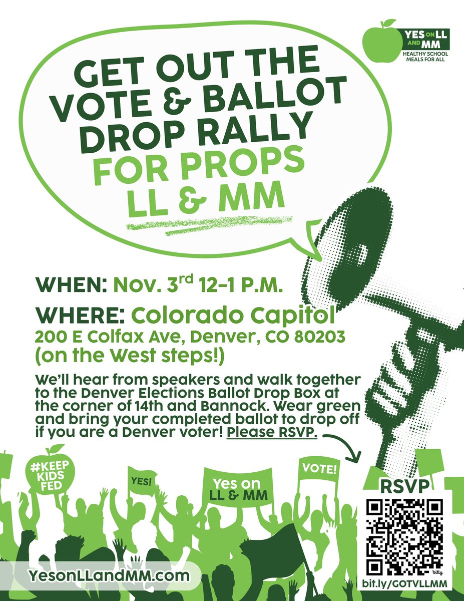 Election Day is right around the corner! Join the Yes on Propositions LL and MM campaign for a rally today at noon to Get Out the Vote and drop off your ballot at the Colorado State Capitol. #KeepKidsFed #Election2025