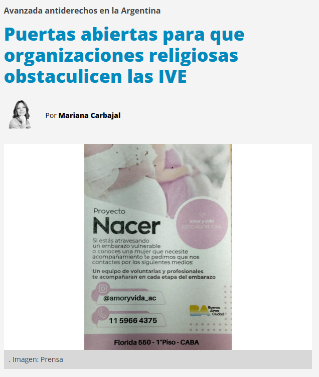 💥 DENUNCIAN ALIANZA DEL GOBIERNO PORTEÑO CON GRUPOS ANTIDERECHOS 

👉 El gobierno de la Ciudad de Buenos Aires se alió con organizaciones religiosas para persuadir a mujeres con “embarazos vulnerables” de no abortar.

❌ Una de ellas, Amor y Vida, ya tiene presencia en el CESAC