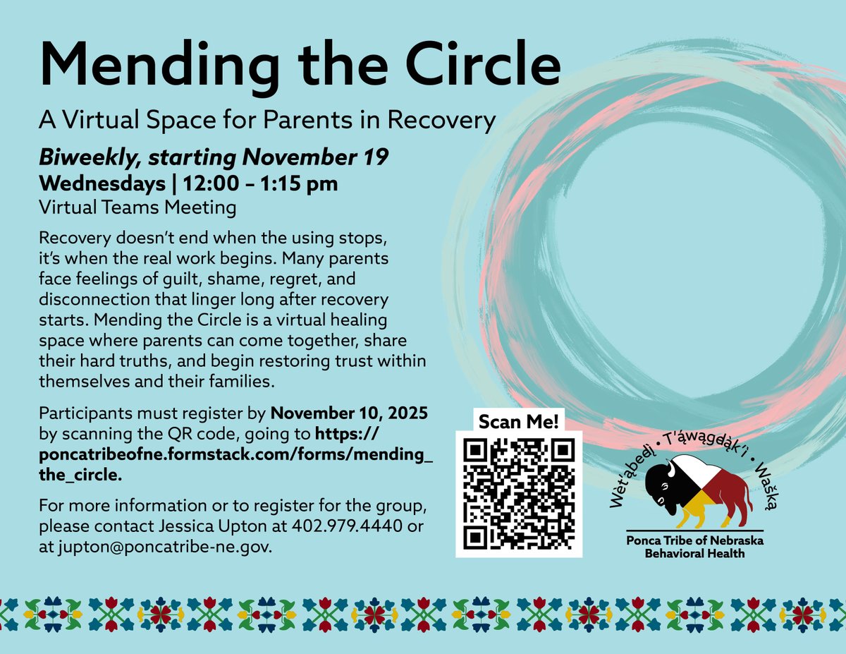 Mending the Circle is a virtual healing space where parents can come together, share their hard truths, and begin restoring trust within themselves and their families. 

Participants must register by November 10, 2025, by going to poncatribeofne.formstack.com/forms/mending_…