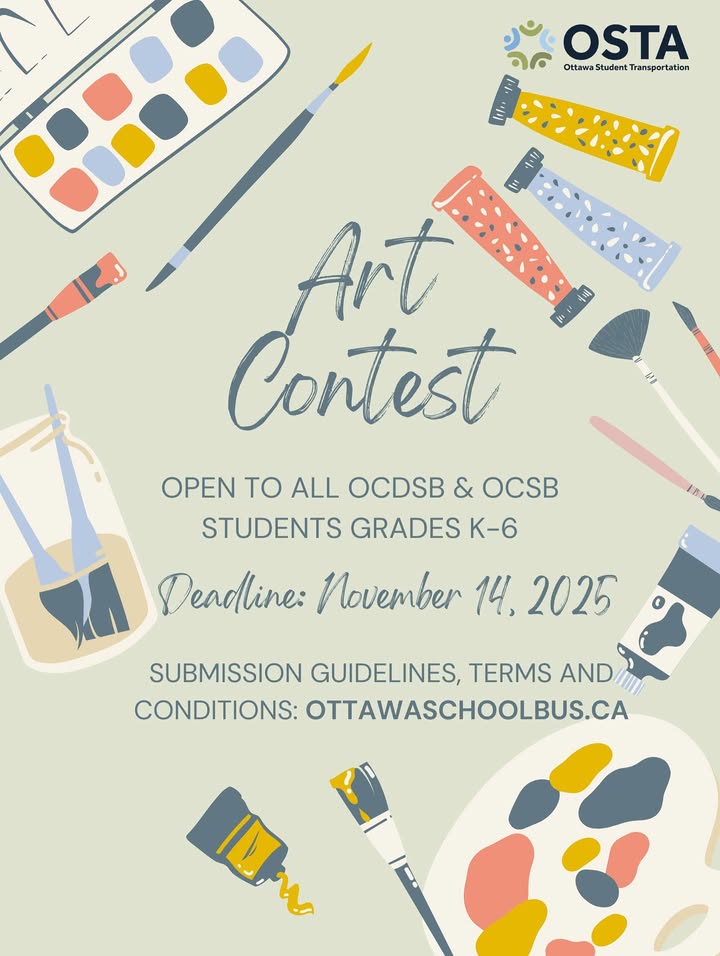 Reminder!

Contest Alert!
Students from KG to grade 12 are invited to participate in OSTA’s art contest. The theme is simple: anything that celebrates student transportation!

Grades K-6: Submit drawings or paintings
Grades 7-12: Submit photographs 

For details visit