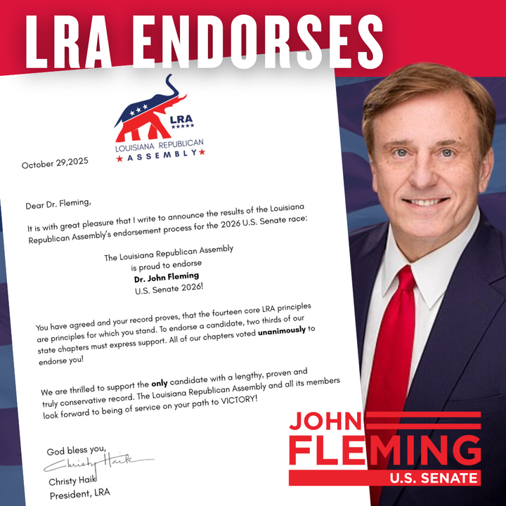fleming4senate's tweet photo. I am proud and honored to receive the unanimous support and endorsement from the Louisiana Republican Assembly for my campaign for the US Senate. https://t.co/7F3tEmYNTe