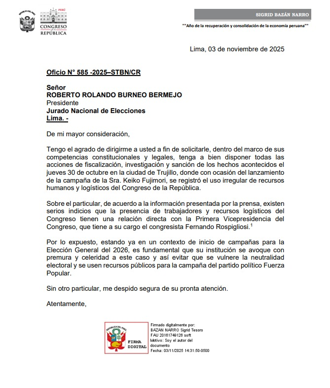 Mediante este oficio exhorto al <a href="/JNE_Peru/">JNE Perú</a> a tomar acciones de fiscalización, investigación y sanción, frente al uso irregular de una cámara del Congreso durante un evento político de Keiko Fujimori. Este tipo de actos vulneran gravemente el principio de neutralidad electoral.
