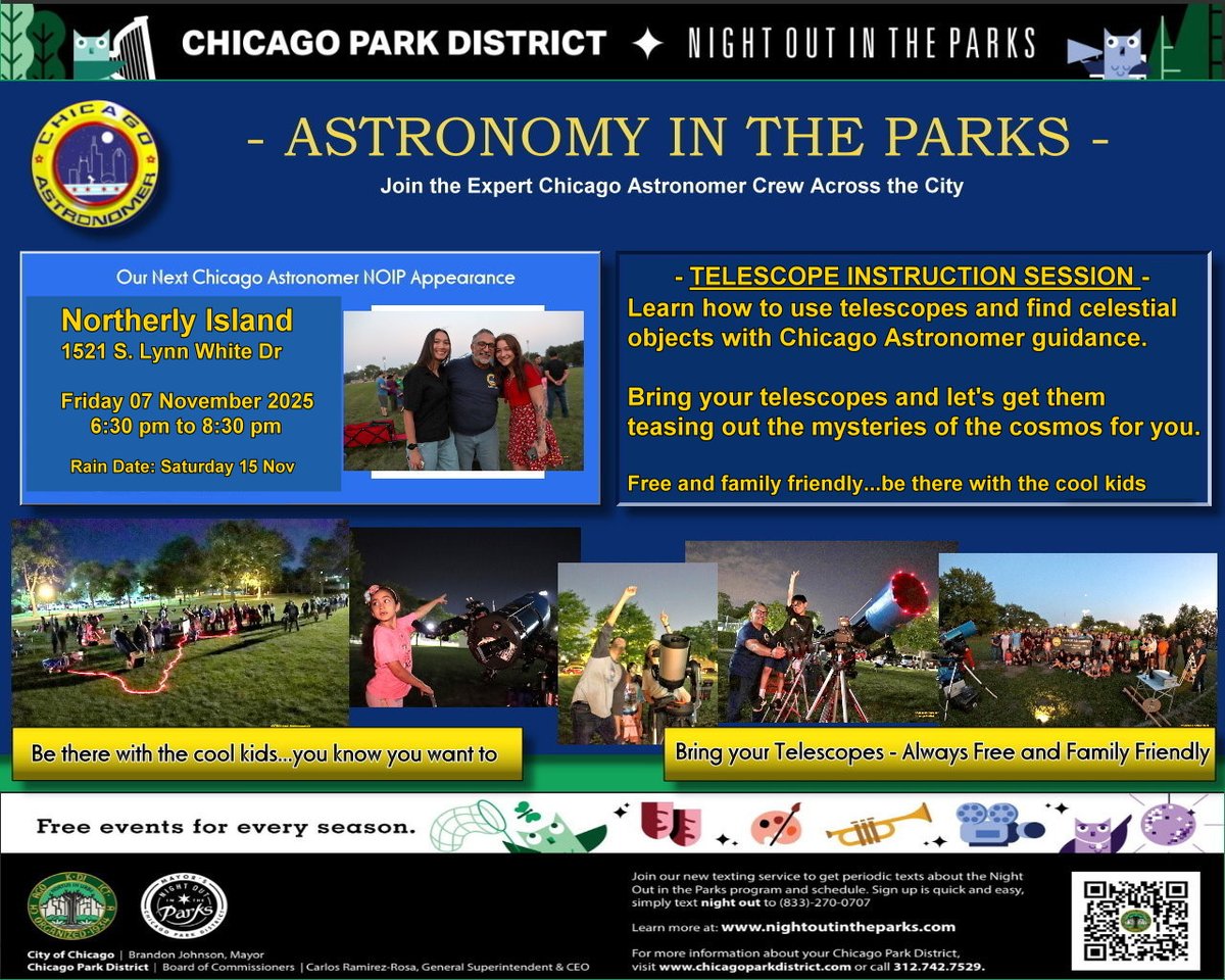 AstronomerJoe's tweet photo. ADVANCE SPECIAL NOTICE:
Join the Chicago Astronomer this Friday, 07 Nov 2025 - 6:30 pm to 8:30 pm for a special Instruction event for all those who desire how to use a telescope and navigate the skies.
More details shortly, but come on down and have a great time with us
Astro Joe https://t.co/QsE6azHVST