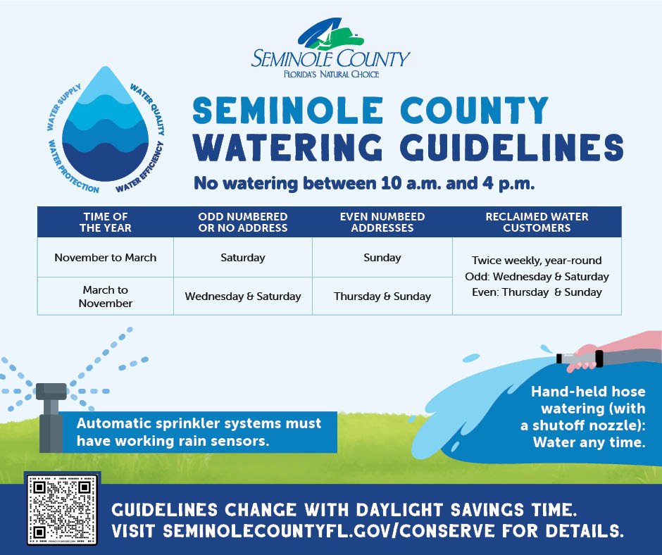 seminolecounty's tweet image. WATERING GUIDELINES REMINDER:  When you turn back your clocks, don’t forget to change your irrigation schedule too.

Here are the watering guidelines that run from the first Sunday in November until the second Sunday in March:
💧 Odd-numbered street addresses: Water Saturday
💧…