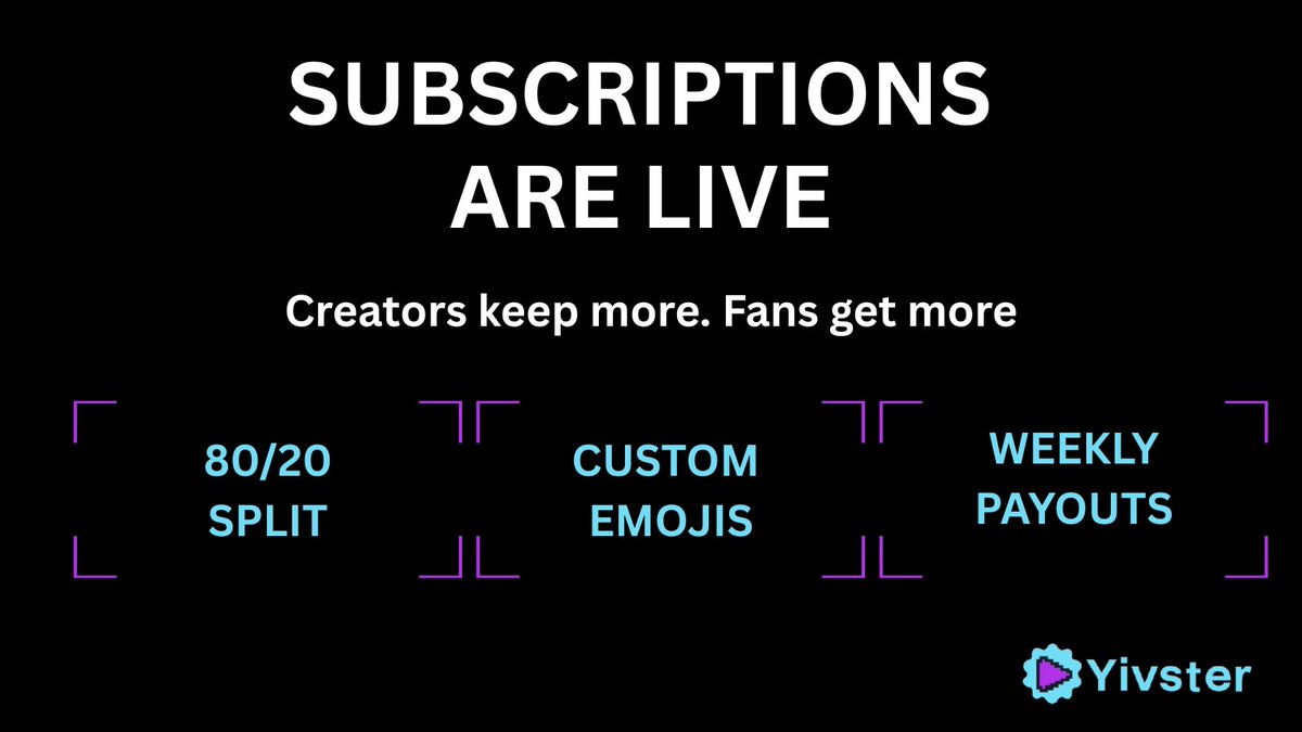 Subscriptions are LIVE on Yivster 💥

Your fans can now support you directly — no ads, no algorithms, no waiting forever.

• 80/20 split
• Weekly payouts
• Simple requirements — no endless grind

Creator-first. Always.