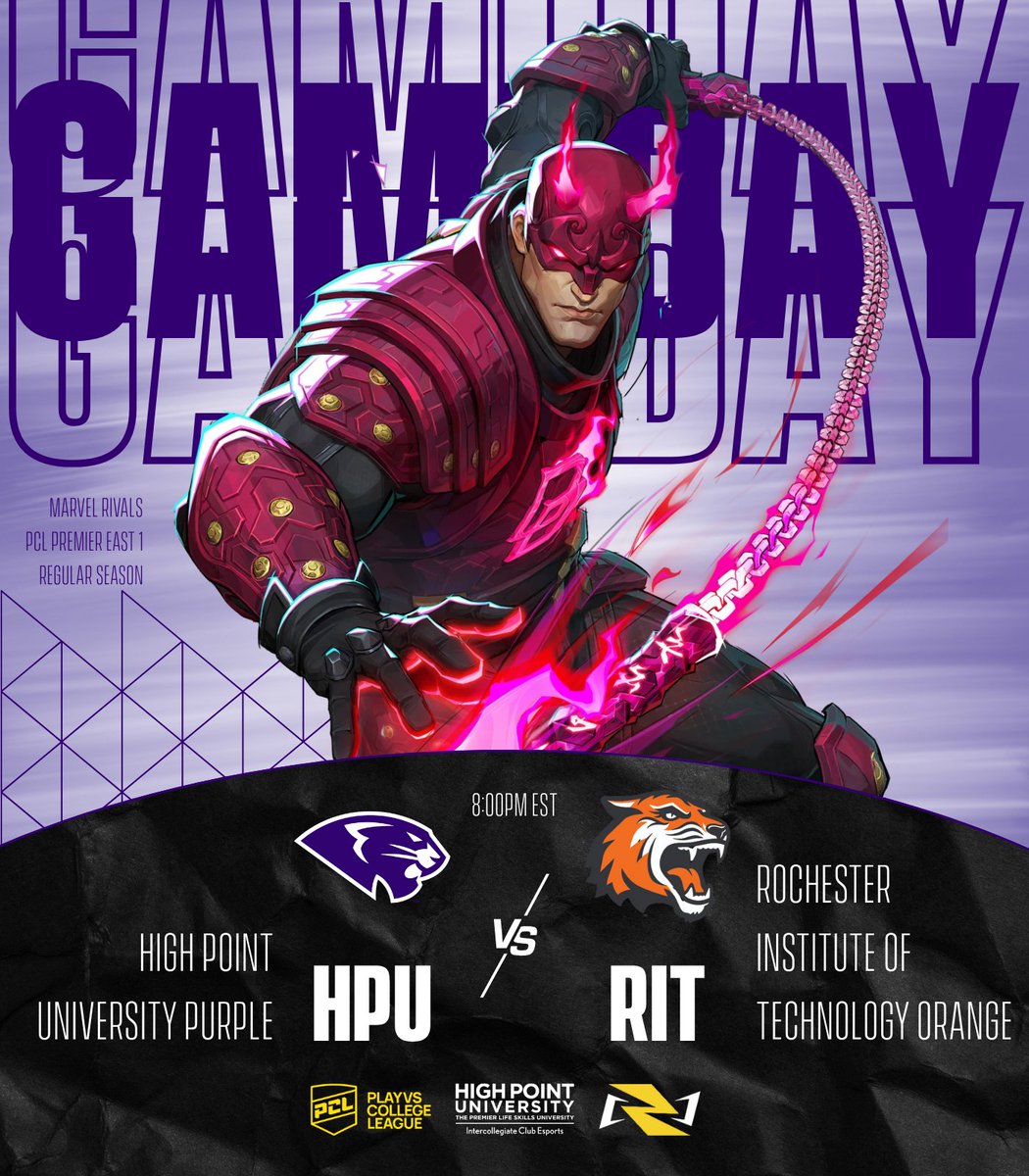 TODAY'S MATCHES 📢
- 7pm: League of Legends Purple vs Faulkner University (PCL Ranked)
- 8pm: Marvel Rivals Purple vs Rochester Institute of Technology Orange (PCL Premier)