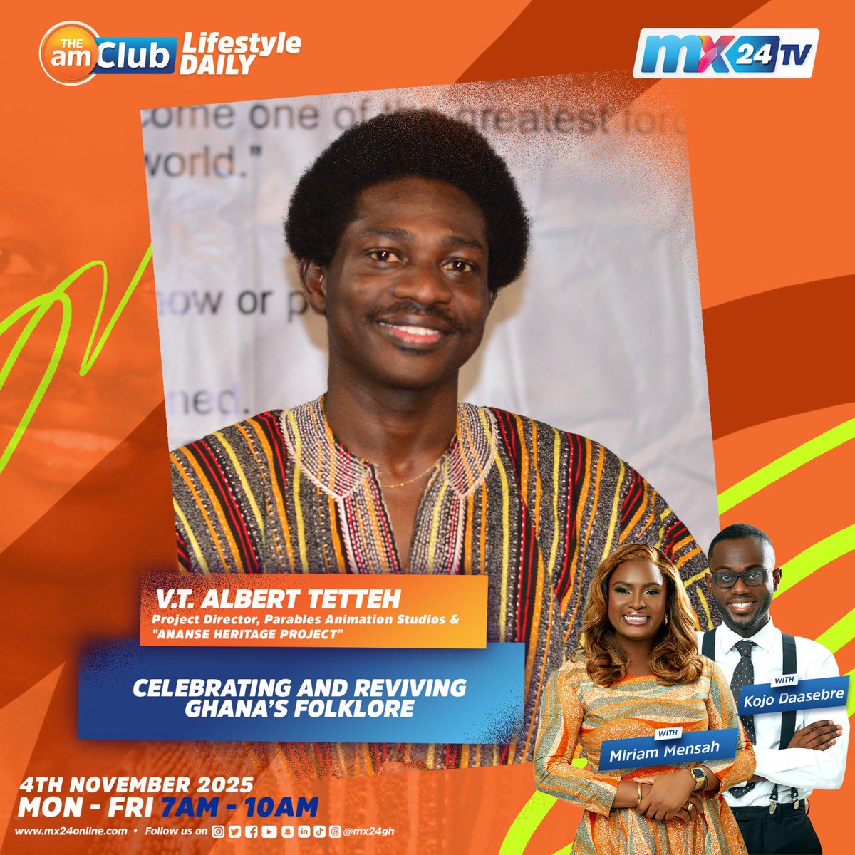 parables_GH's tweet photo. Cycil Jones Abban and V.T. Albert Tetteh @Verbaltrans on @mx24gh tomorrow
“ANANSE HERITAGE PROJECT” and more. Tune in #Mx24 #KwekuAnanse @AnanseToonFest #AHP #ParablesGh https://t.co/FBU0JeLXvv