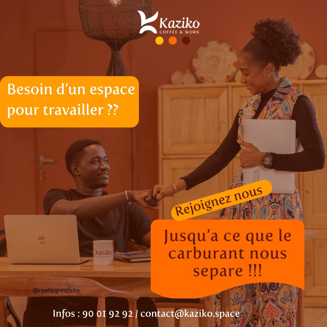 Carburant rare, productivité précieuse.
Venez coworker chez #Kaziko et gardez le rythme, quoi qu’il arrive.
Infos :90019292 / contact@kaziko.space
#coworkingbamako #salledereunion #espacecafe #espacedetente #reseautage #Bamako #Mali