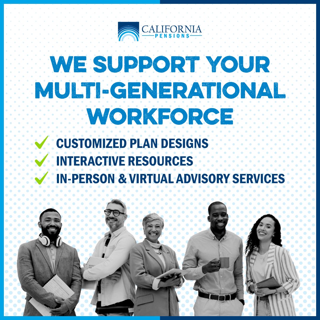 CaliforniaPens1's tweet image. At California Pensions, we tailor our services to match the needs of every generation. See how we empower your entire workforce to build financial security! 🎯🤝

Learn More: pacpension.com/retirement-by-…

#RetirementSolutions #WorkplaceBenefits #CaliforniaPensions