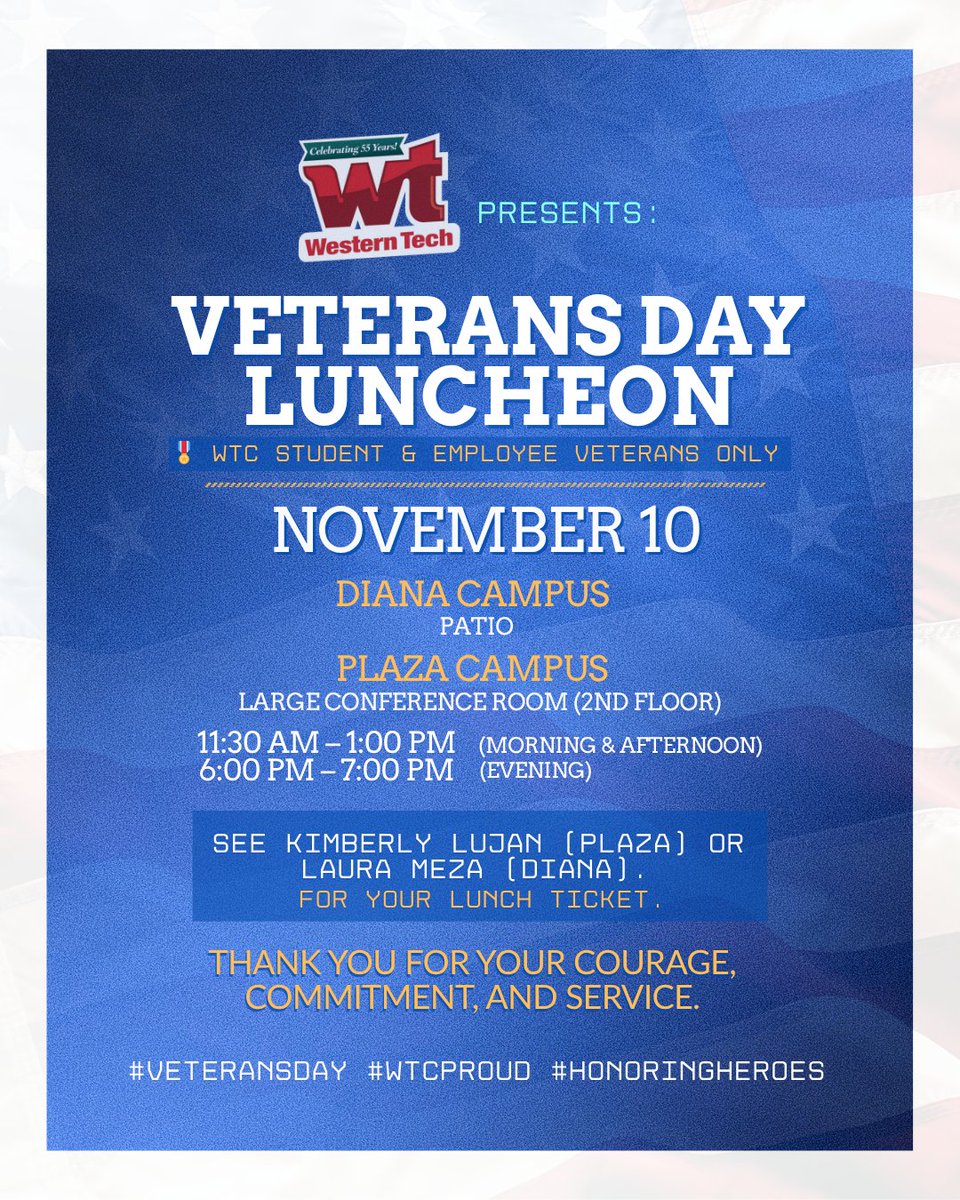 wtcep's tweet image. 🇺🇸 Western Tech proudly honors our veterans!
On Nov 10, we’ll host our Annual Veterans Day Luncheon for our student and employee veterans — celebrating your courage and service to our nation.
#WesternTech #VeteransDay #HonoringHeroes #collegefortherealworld