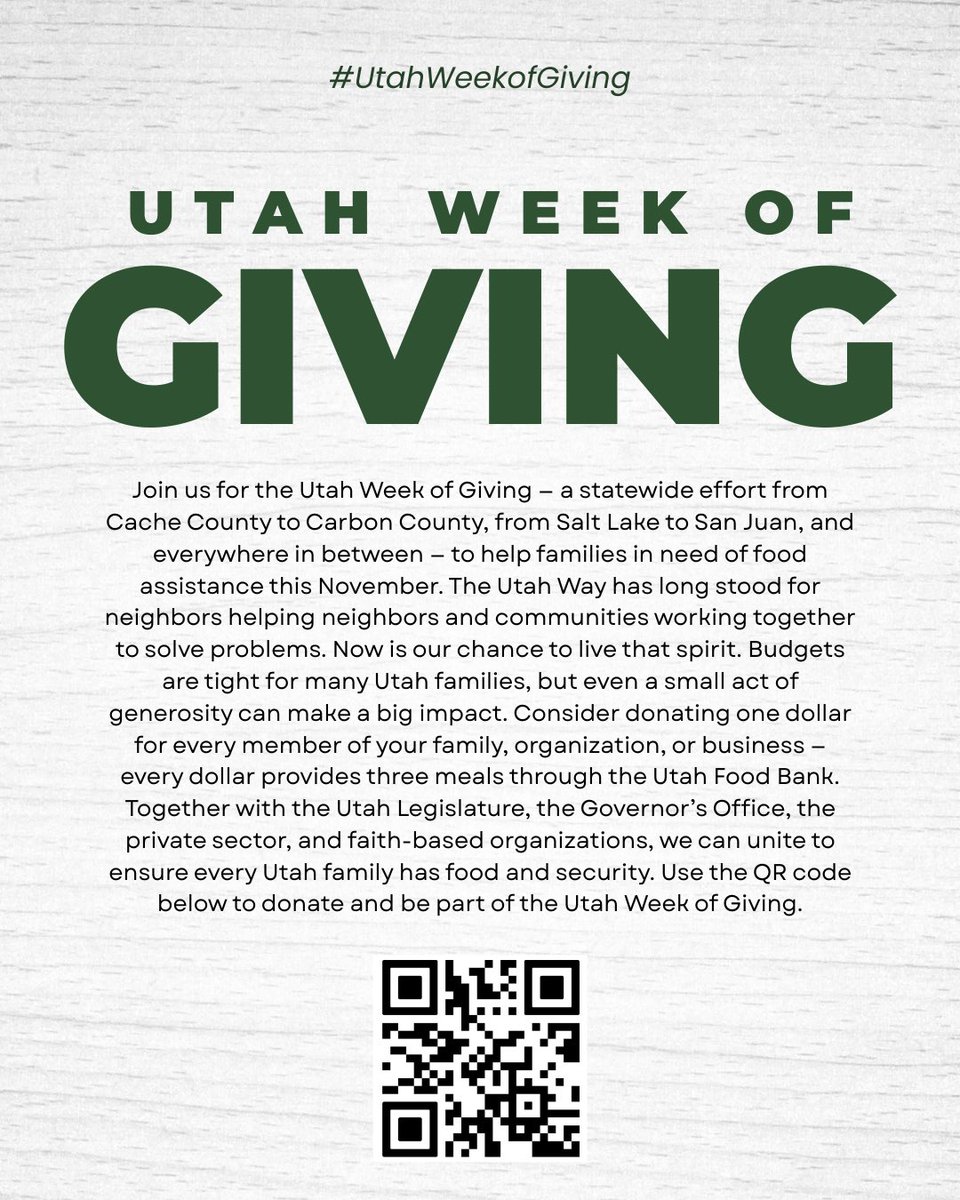 PresidentUofU's tweet photo. Join us for the Utah Week of Giving (Nov 3–9)!
Together, we can help families across Utah put food on the table.
Every $1 = 3 meals through @UtahFoodBank. Let’s live the Utah Way — neighbors helping neighbors.
#UofU
#UtahWeekOfGiving
#UtahWay https://t.co/geNr7X4yLY