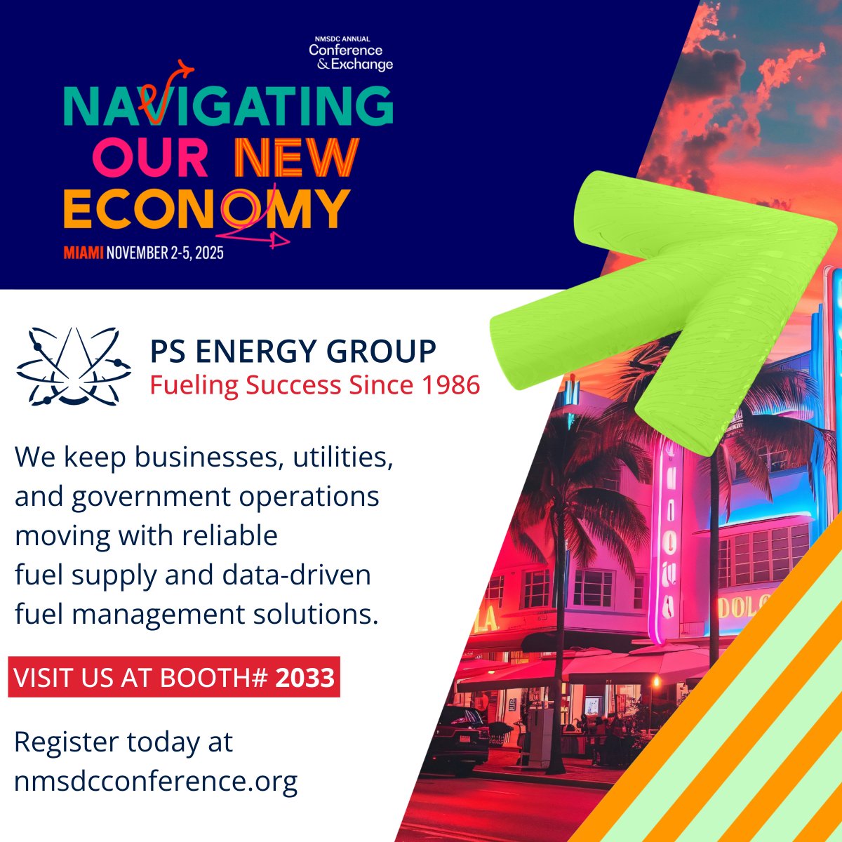 PSEnergyGroup's tweet image. We’re in Miami this week for the 2025 @NMSDCHQ Annual Conference &amp;amp; Exchange: Navigating Our New Economy. Visit PS Energy at Booth #2033 to learn how we help organizations optimize fuel, fleet, and energy operations.
#NMSDC2025 #FleetManagement #EnergySolutions
