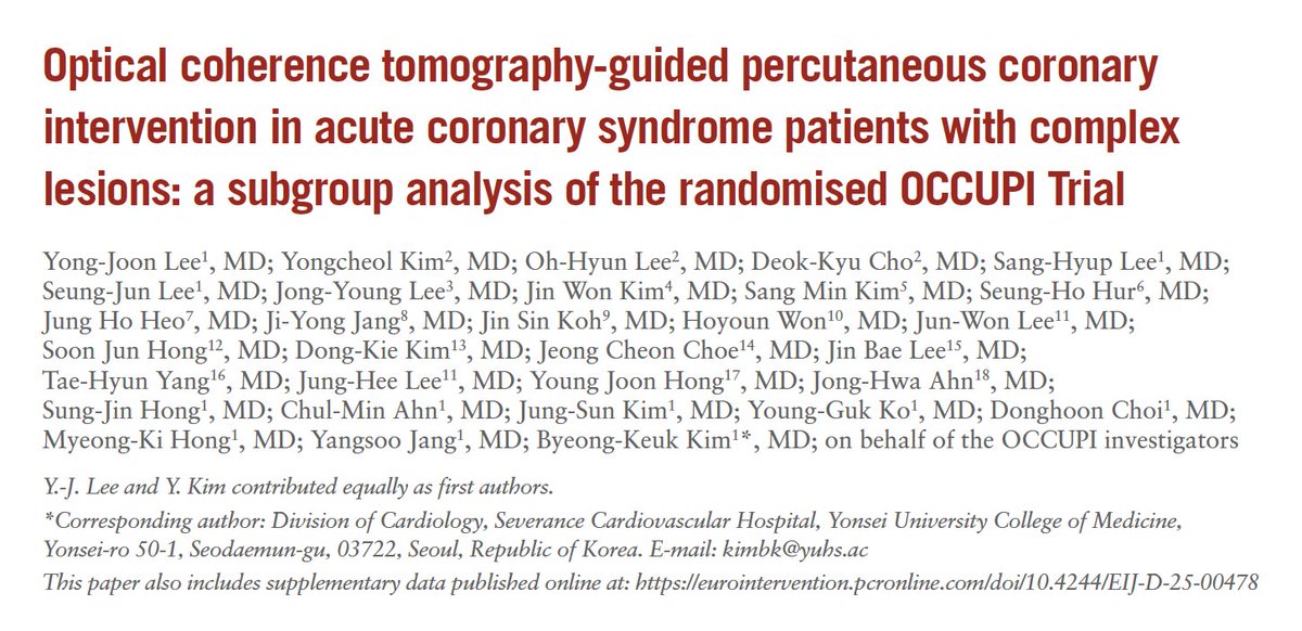 In this post hoc analysis of patients with acute coronary syndromes in the OCCUPI trial, the primary outcome—1-year composite of cardiac death, myocardial infarction, stent thrombosis, or ischemia-driven target vessel revascularisation—occurred in 4.9% of the OCT-guided group