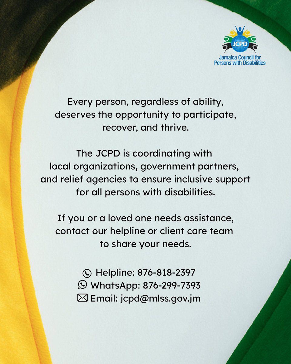 💛💚🖤 We are with you, Jamaica.

After Hurricane Melissa, we stand united to rebuild: accessible, inclusive, and stronger than before.

If you or a loved one needs assistance, call 876-818-2397 or WhatsApp 876-299-7393.

#BuildBackStronger #JCPD