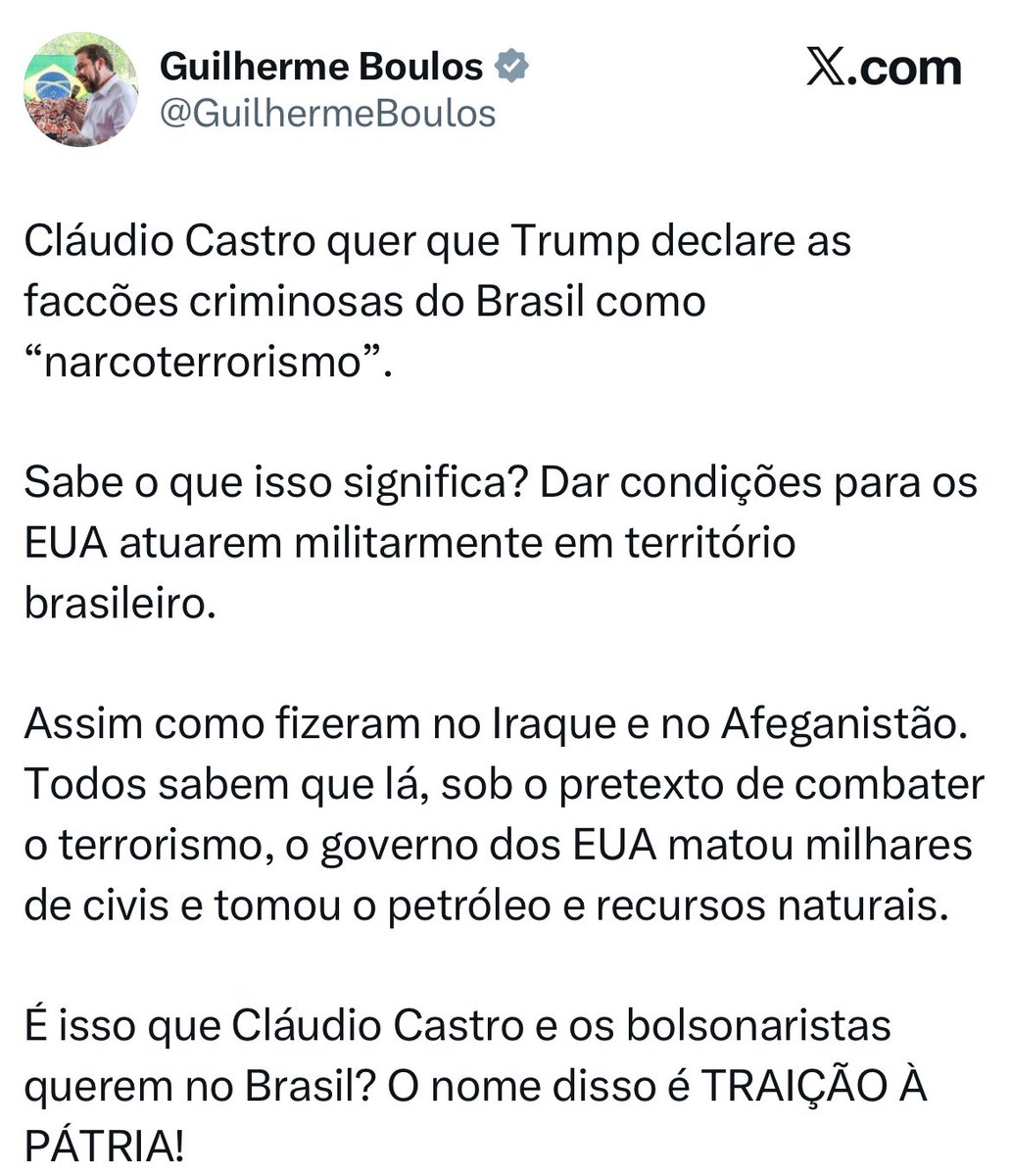 Amandavettorazz's tweet photo. Ah, então agora o Boulos tá preocupado com “traição à pátria”? 😂

Logo ele, que já apareceu com:
- A dama do tráfico, esposa do Tio Patinhas, líder do Comando Vermelho no Amazonas. Sim! aquela que foi recebida no Ministério da Justiça do Lula.

- Alessandra Moja, do PCC, liderança na Favela do Moinho, investigada por tráfico, lavagem de dinheiro e extorsão.

Quando é pra defender bandido, pode. Quando é pra enfrentar o crime, vira “invasão americana”.