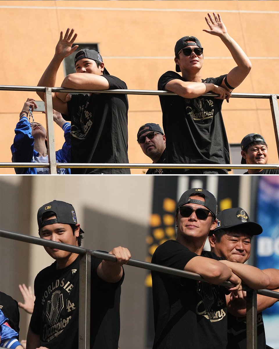 YahooSports's tweet photo. 🥇 NL MVP favorite
🥇 World Series MVP

Shohei Ohtani and Yoshinobu Yamamoto at the Dodgers parade 👋

(📸: Jae C. Hong, AP) https://t.co/GcIwmhMvkn